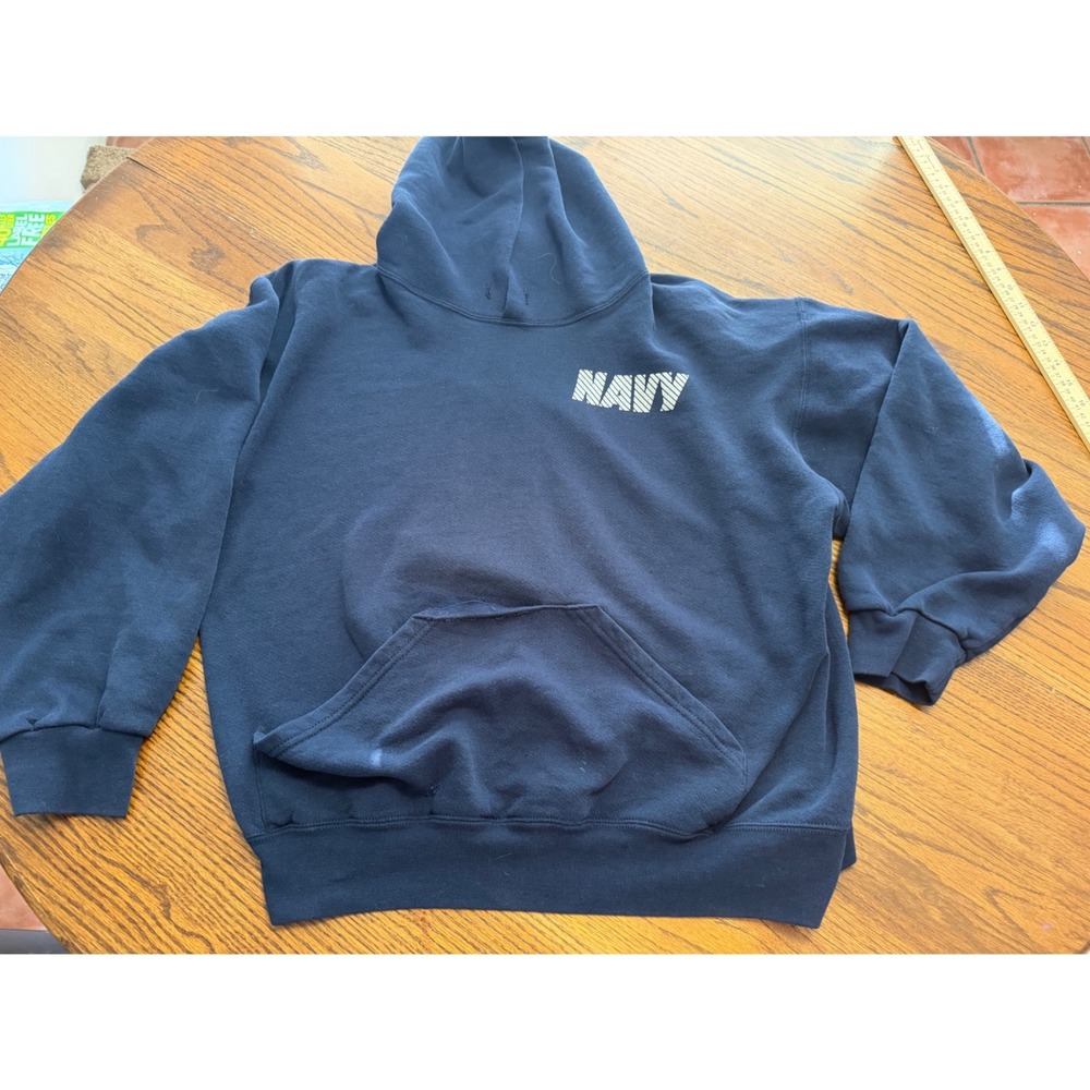 Vintage US Navy Hoodie MJ Soffe Blue Reflective Graphic Sweatshirt Made in USA L